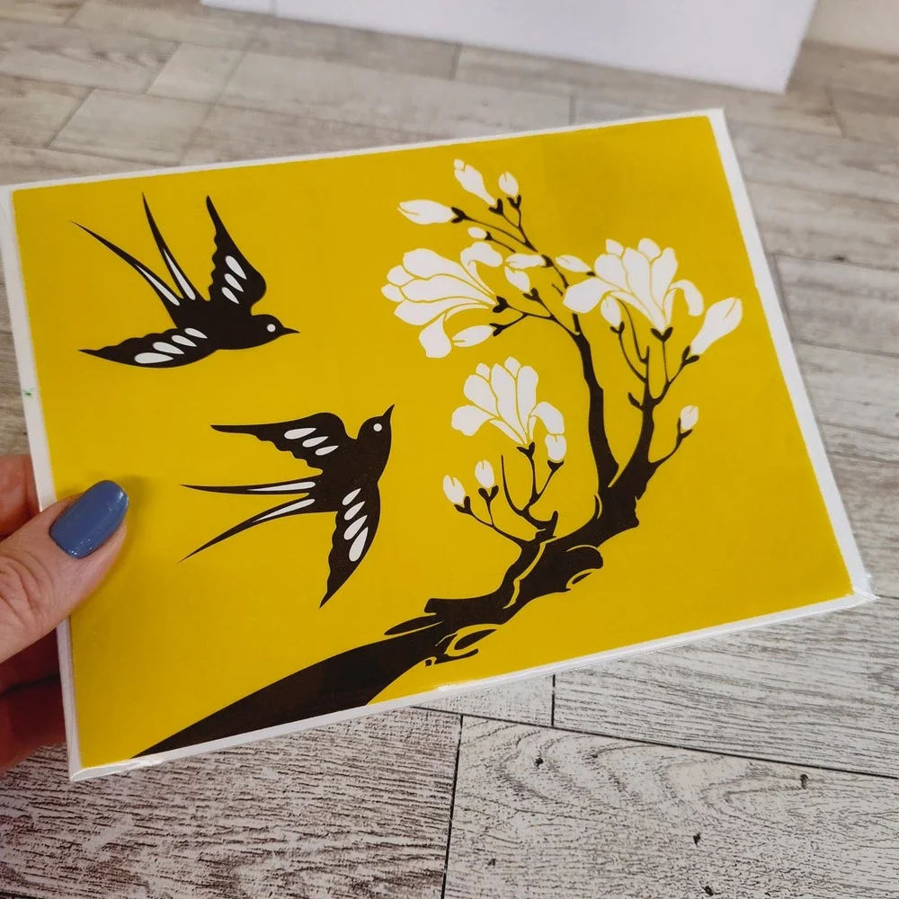 Blank Note Card Birds and Blossoms Stationery Greeting Card Yellow Black Any Occ